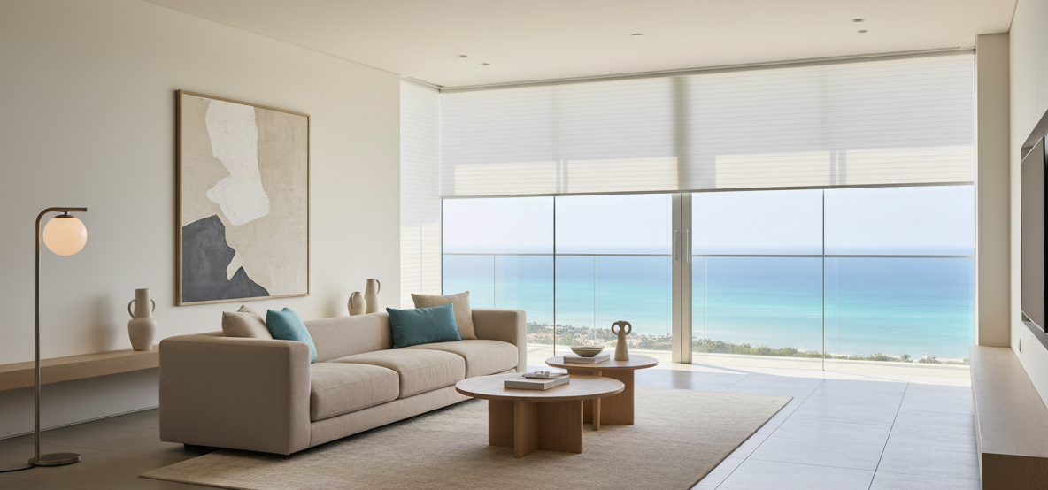 Smart blinds is placed in front of the  windows in the living room with Island View