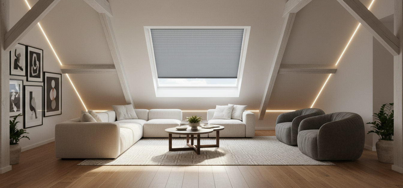 Smart Skylight Shades is placed in front of the  windows in the garret