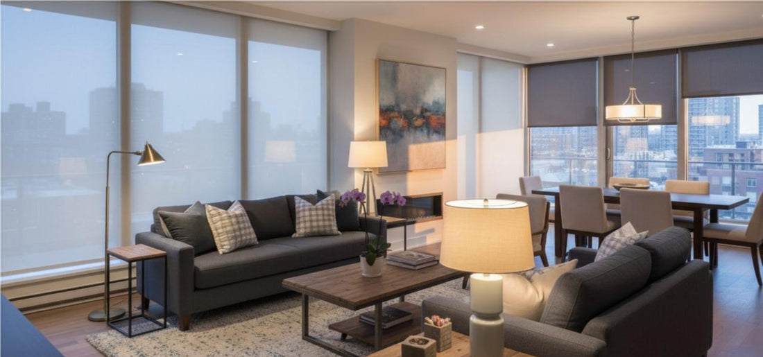 Smart  Dual Shades is placed in front of the  windows in the living room.