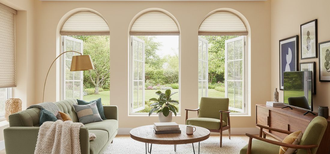 Motorized arched window shades in the cozy vibe living room with yard View