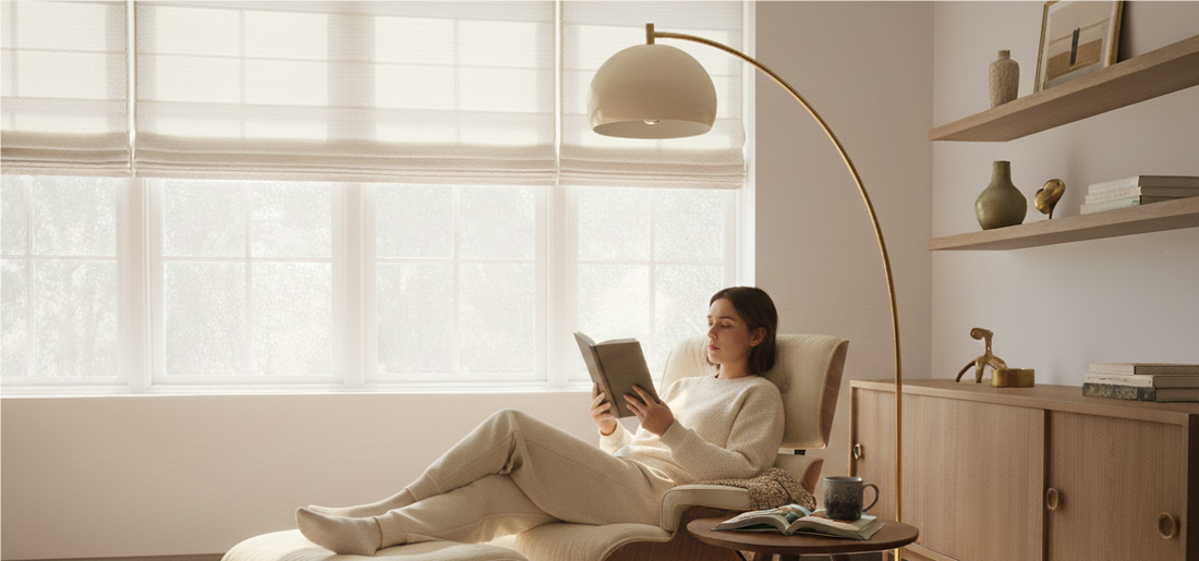 Smart blinds is placed in front of the  windows in the living room 