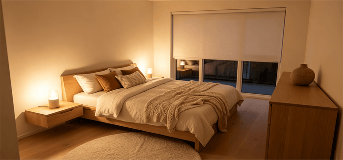 Smart blackout window shade for night-time privacy, covering a patio door in a cozy wooden bedroom