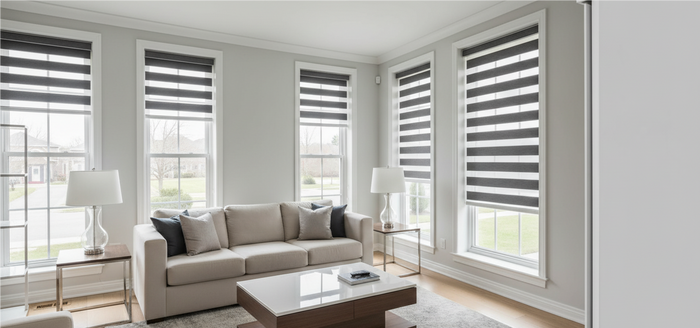 Dark gray and white motorized zebra shades installed on multiple windows in a bright modern living room, offering light filtering and privacy contro