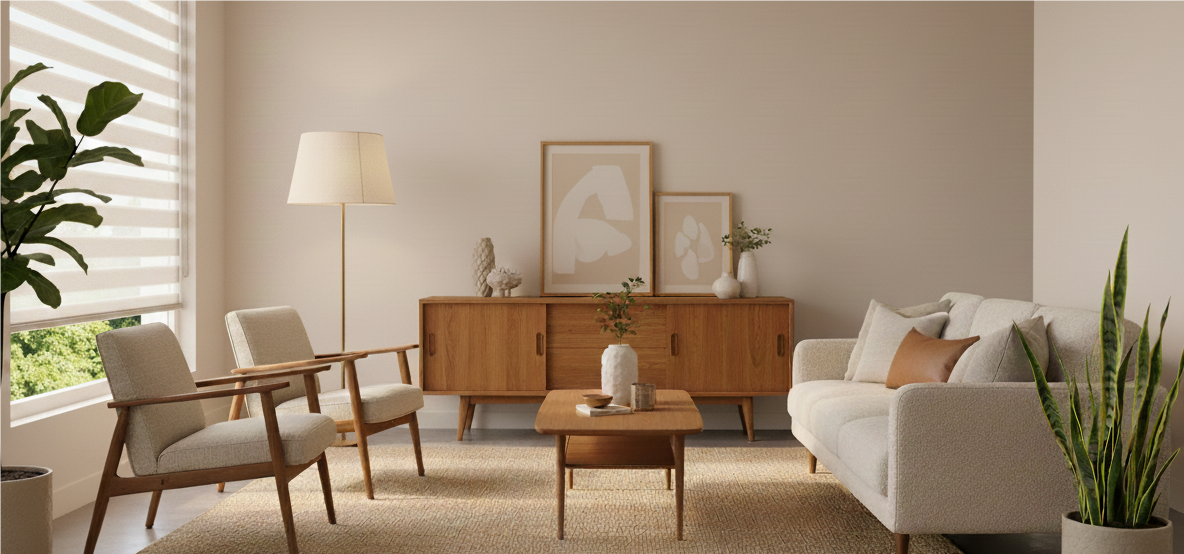 Gray textured smart roller shades with solar charging capability, controlled via voice commands in a cozy living room