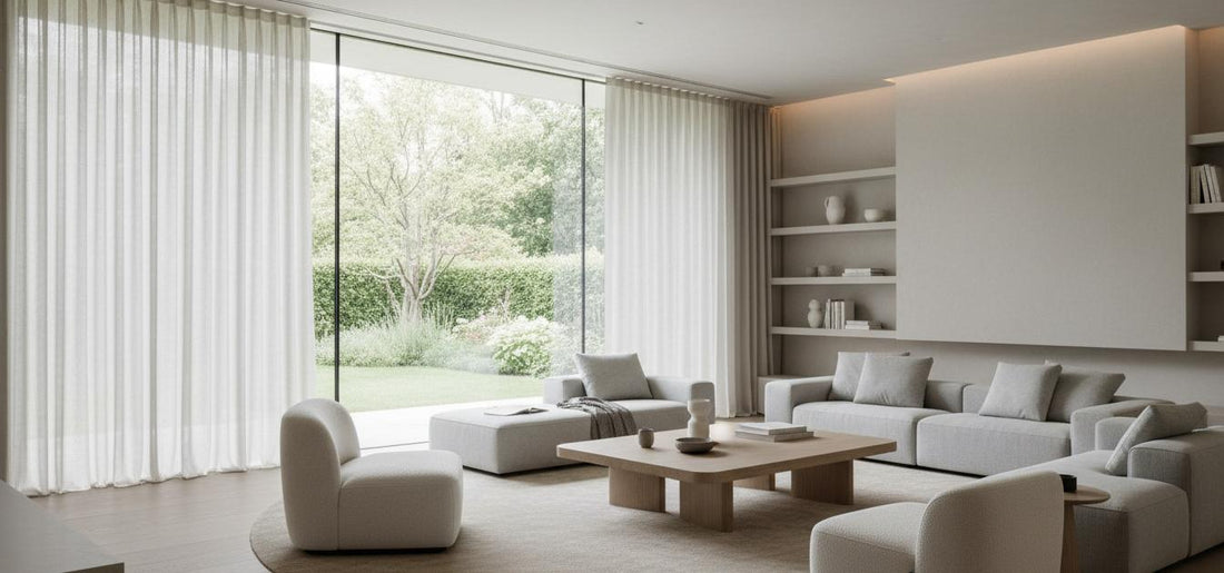 White motorized sheer curtains with linen texture, installed on floor-to-ceiling windows in a minimalist living room, offering light filtering and smooth automated operation