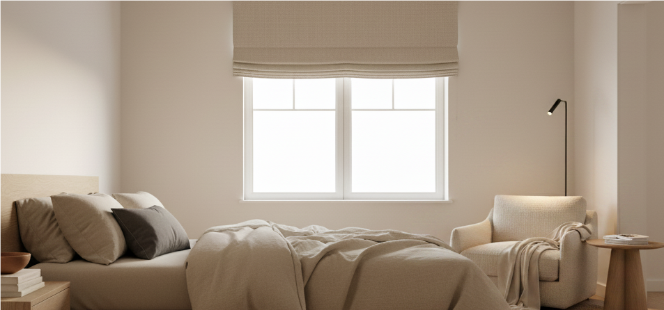 Soft beige textured motorized roman shade installed in a minimalist neutral bedroom, offering light filtering and a tailored, clean look