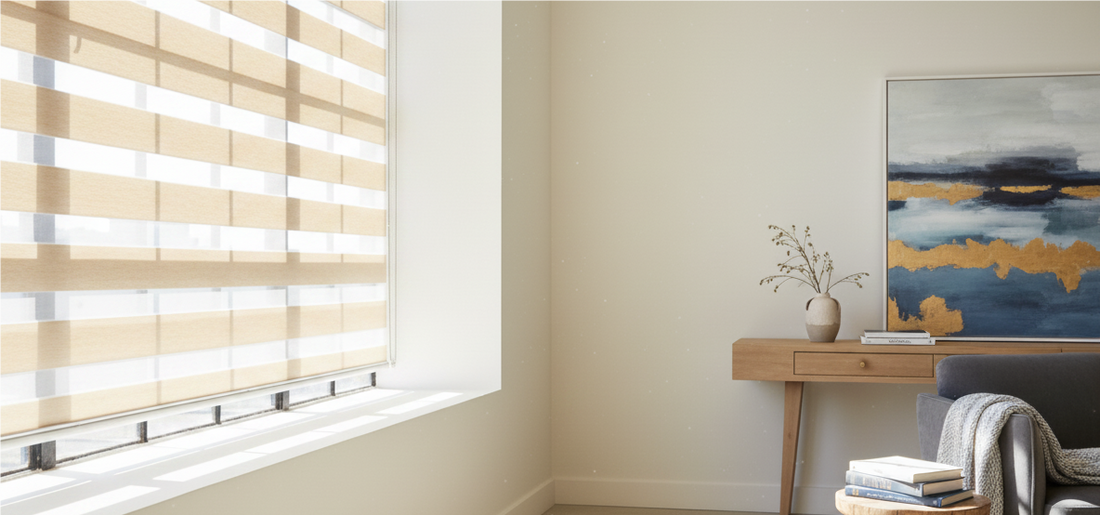 Motorized Zebra blinds in a modern living room