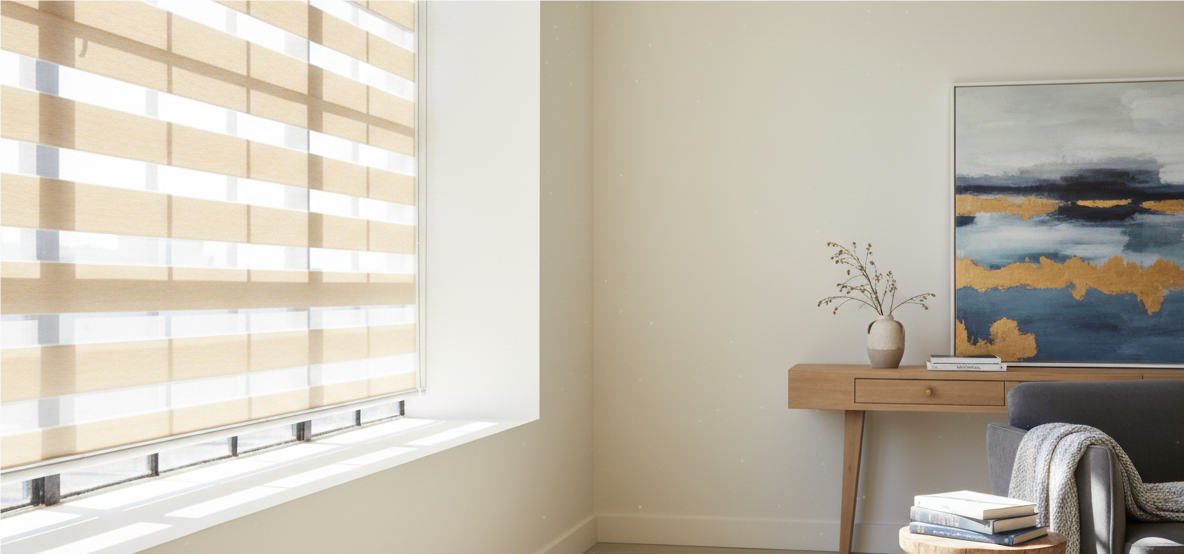 Motorized Zebra blinds in a modern living room