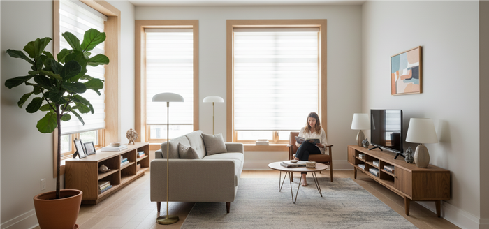 White motorized zebra blinds installed in a bright, minimalist living room, offering light-filtering and privacy control