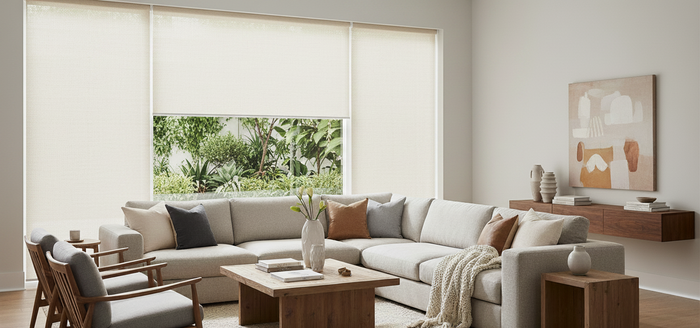 Smart Modern Dual shades in bright living room with yard view