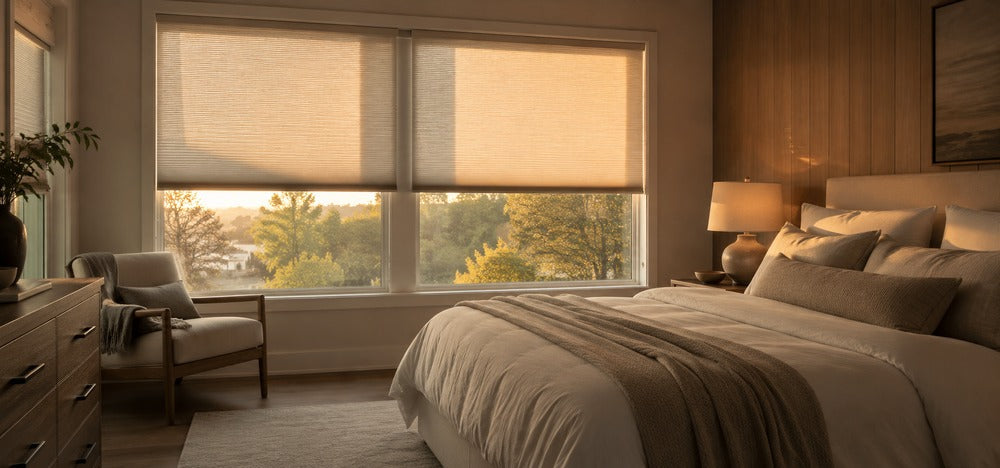 Modern bedroom with cellular shades filtering warm afternoon sunlight for better insulation and sleep comfort.