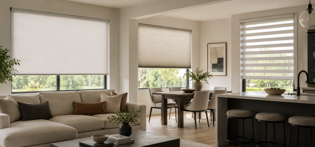 Modern home interior showing roller, cellular, and zebra shades on different windows in a bright living, dining, and kitchen space.