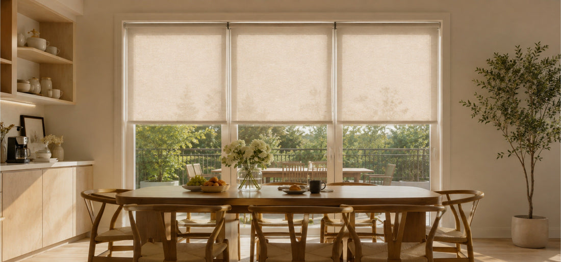 These three multiple roller shaders are installed side by side on the one-wide floor-to-ceiling window in the dining room.