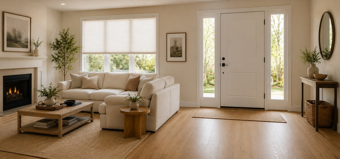 Bright modern living room and entryway with a large window covered by light-filtering cellular shades