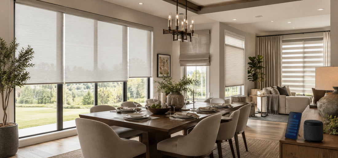 Modern open-plan dining room with motorized light-filtering shades on large windows, layered window treatments, warm wood furniture, and smart home controls.