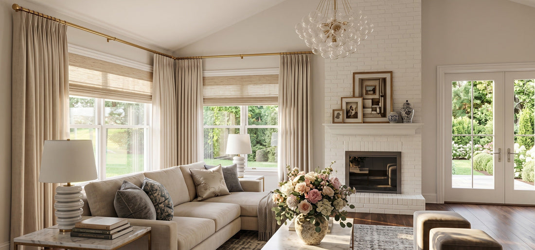 A bright and elegantly designed living room features a white brick fireplace, cozy seating, and large windows beautifully dressed with layered woven shades and soft drapery.