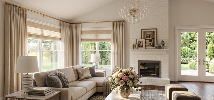 A bright and elegantly designed living room features a white brick fireplace, cozy seating, and large windows beautifully dressed with layered woven shades and soft drapery.