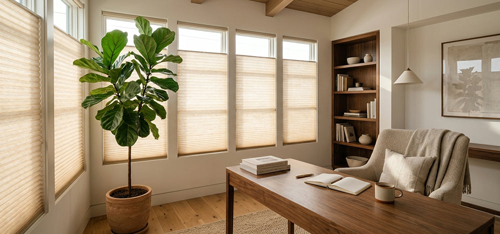Light Filtering Levitate Cellular Shades installed in a study, providing light control, privacy, and energy-efficient comfort.