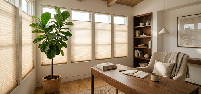 Light Filtering Levitate Cellular Shades installed in a study, providing light control, privacy, and energy-efficient comfort.
