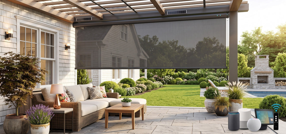 The backyard garden terrace is decorated with SmartWings Motorized Outdoor Shades, exuding a sense of sophistication and technology.