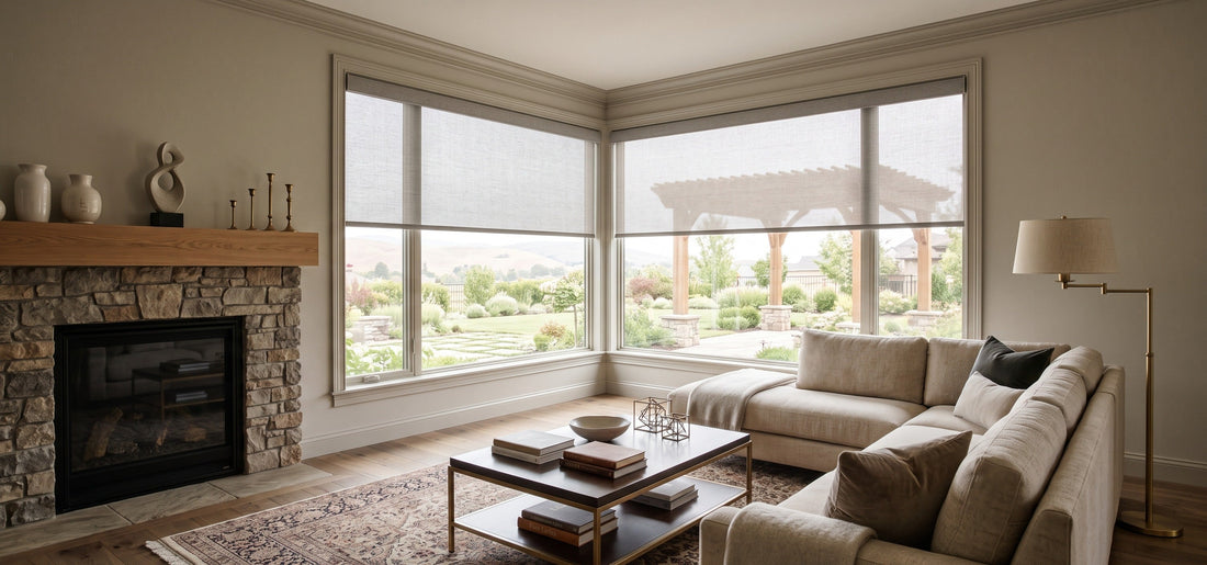Motorized Sunscreen Roller Shades in the Modern Living Room.
