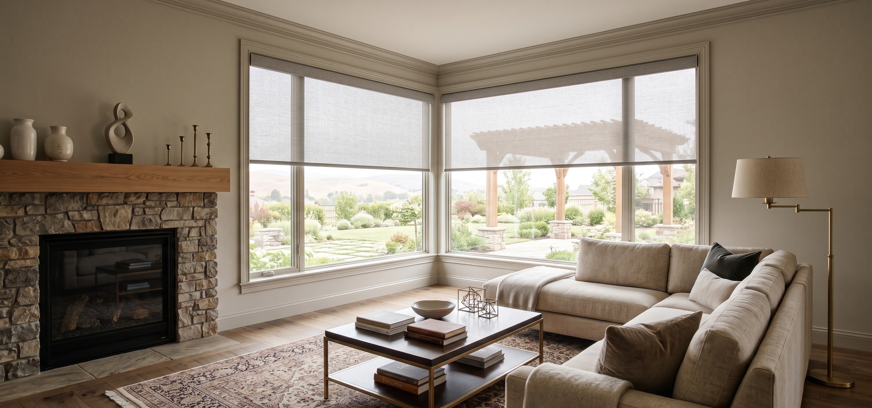 Motorized Sunscreen Roller Shades in the Modern Living Room.