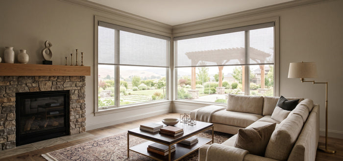 Motorized Sunscreen Roller Shades in the Modern Living Room.