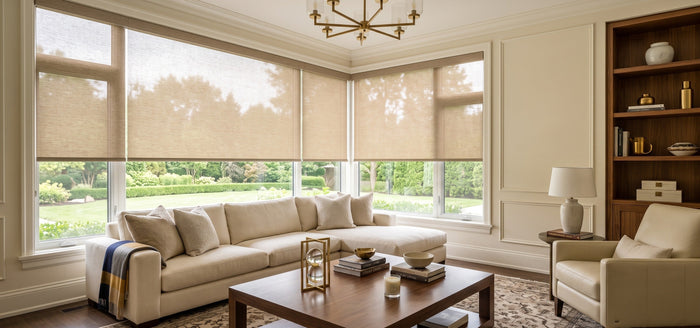 In this classic and elegant living room, light filtering roller shades are installed on the Corner Window, providing soft and bright light.