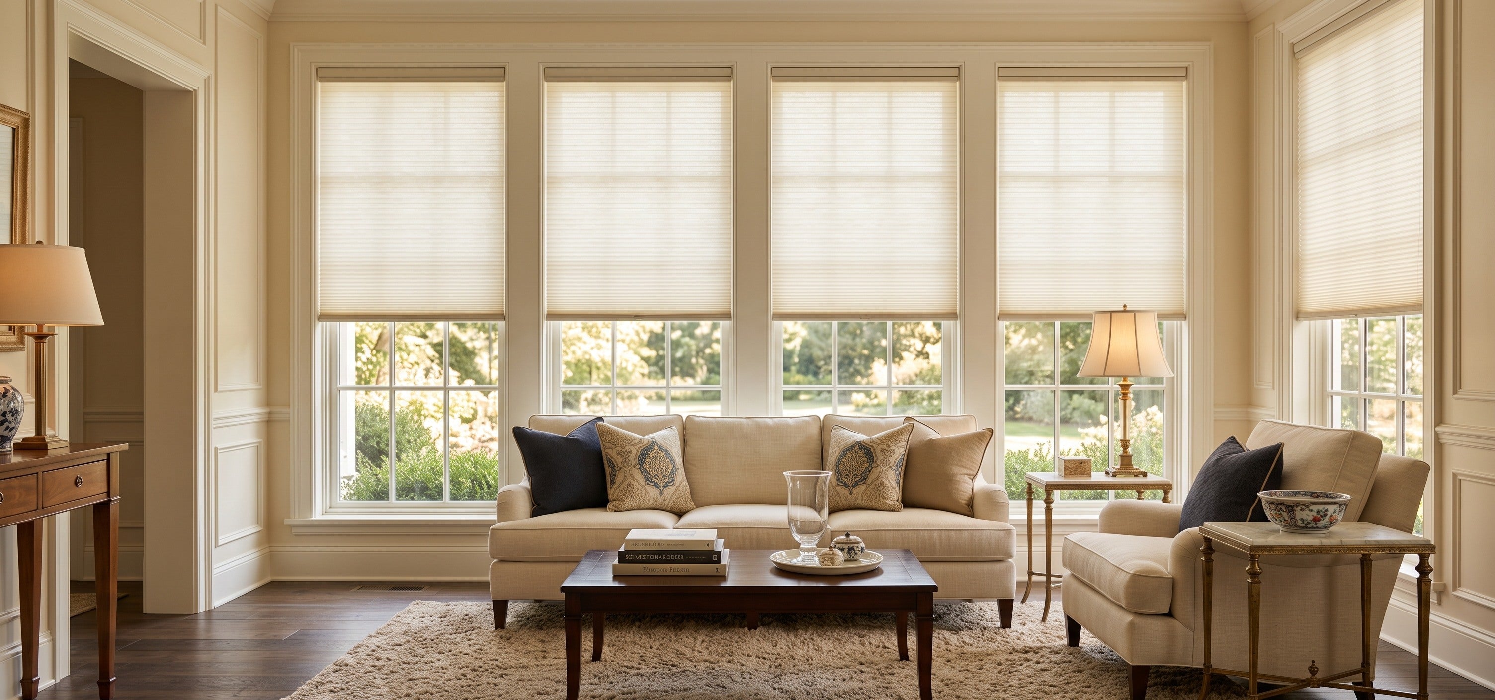 This classic and elegant sunroom is equipped with light-filtering cellular shades, which block glare while maintaining ample natural light and a bright, airy feel.
