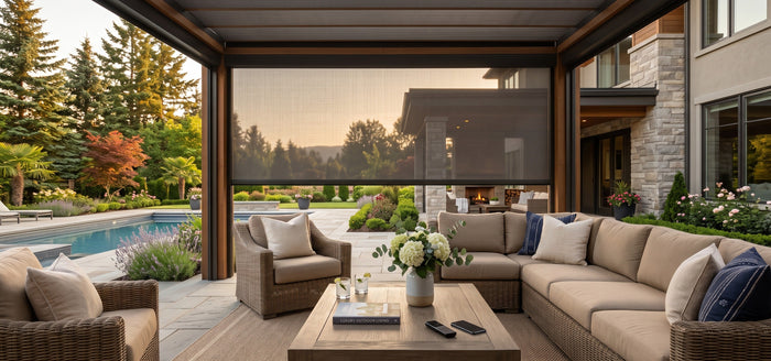 In the backyard of this modern American villa, the Patio is equipped with motorized Zipper Track Windproof Outdoor Shades on all four sides to block the glaring sunlight from the sides while maintaining an open view.