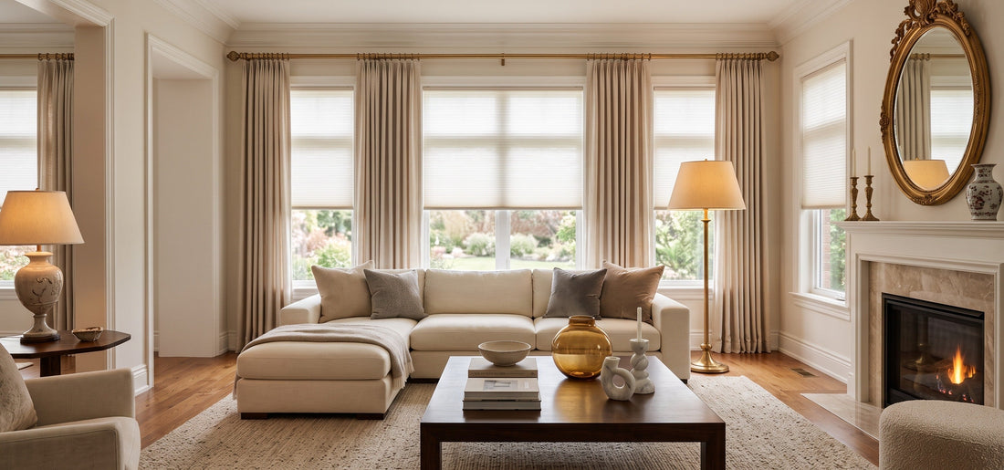 In a modern living room, motorized roller blinds paired with drapery create a classic and elegant atmosphere.