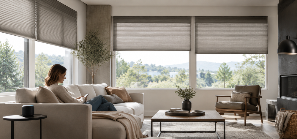 Modern living room with HomeKit-compatible smart blinds, soft natural light, and a person controlling shades by smartphone