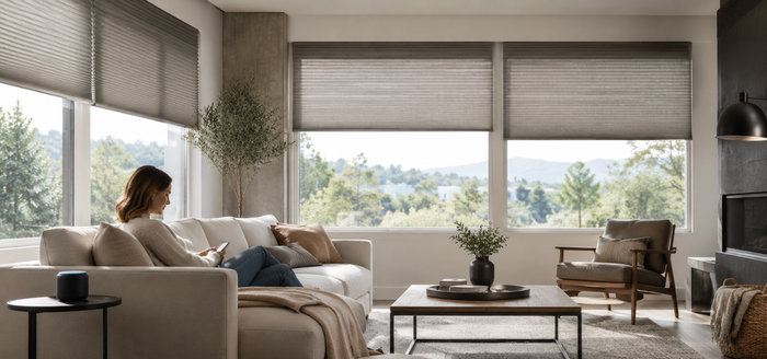 Modern living room with HomeKit-compatible smart blinds, soft natural light, and a person controlling shades by smartphone