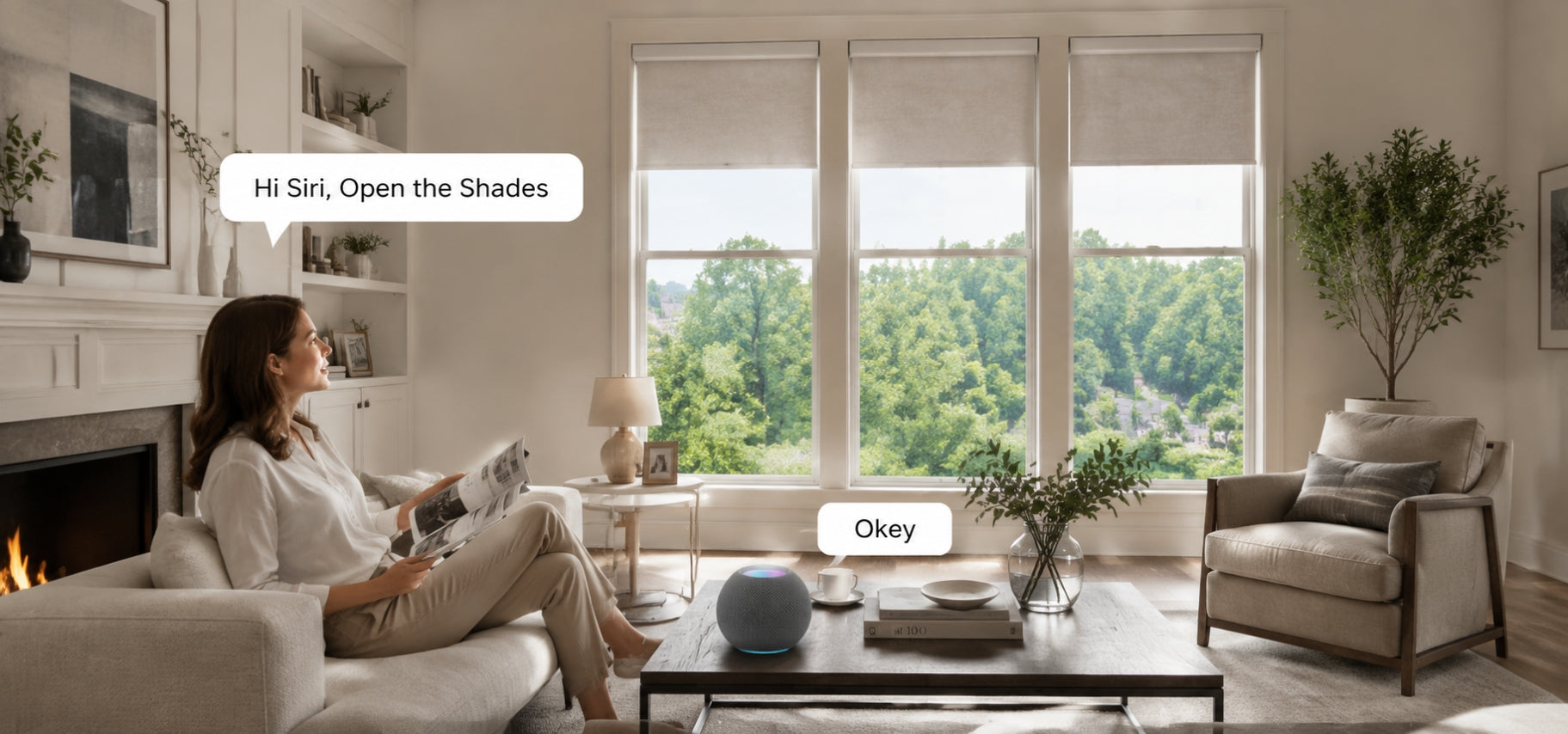 A woman relaxes in a cozy modern living room, using voice control to open motorized roller shades while enjoying a quiet moment with a magazine and coffee.