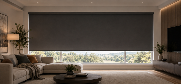 Modern living room with an extra-wide charcoal roller blind covering a large picture window, beige sectional sofa, warm wood accents, indoor plants, and soft natural light.