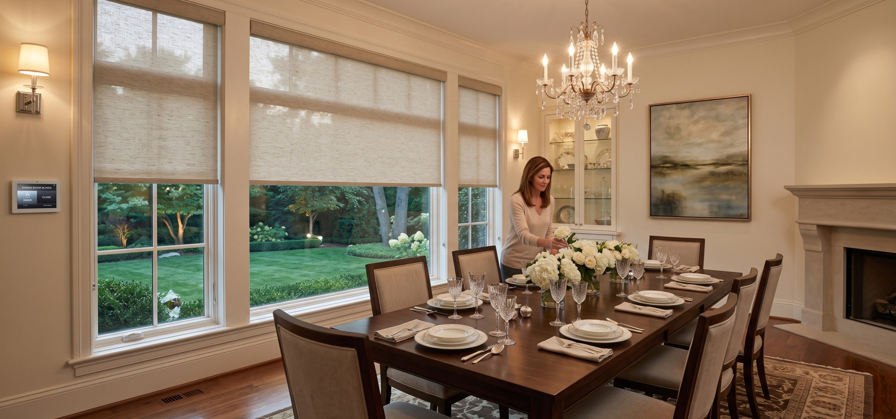 Motorized Roller Shades in a bright Dining Room