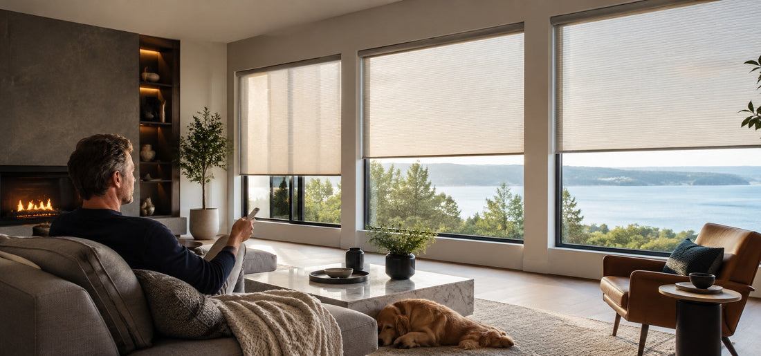 A modern living room with large motorized  shades.
