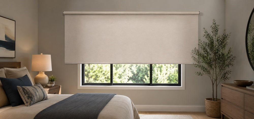 Modern bedroom with outside mount roller shade installed above and wider than the window frame for improved light blocking.