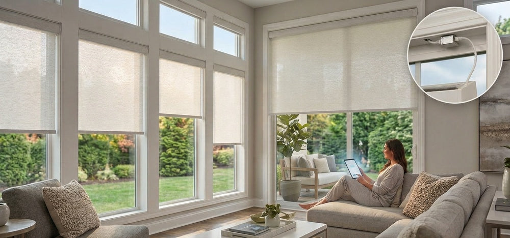 PoE matter roller shades in a bright living room