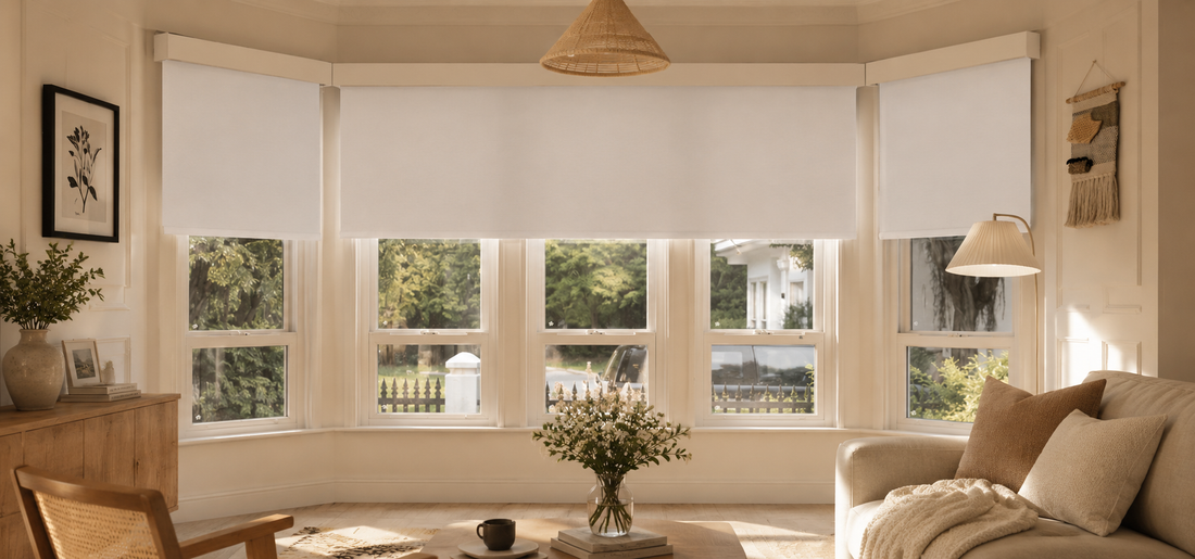 Cozy bay window with motorized roller shades, creating a warm and inviting living space.