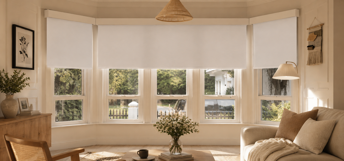 Cozy bay window with motorized roller shades, creating a warm and inviting living space.
