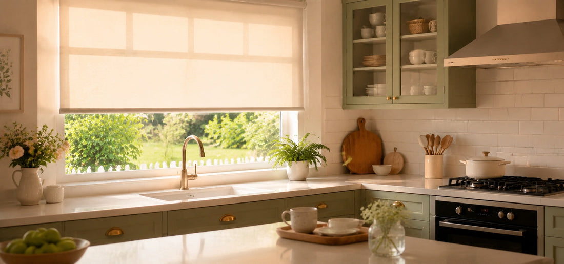 In the early morning, the kitchen is bright and cozy with the roller shades installed.