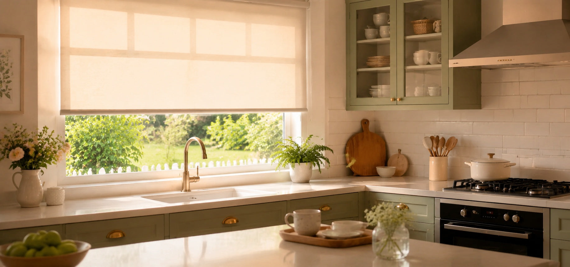In the early morning, the kitchen is bright and cozy with the roller shades installed.
