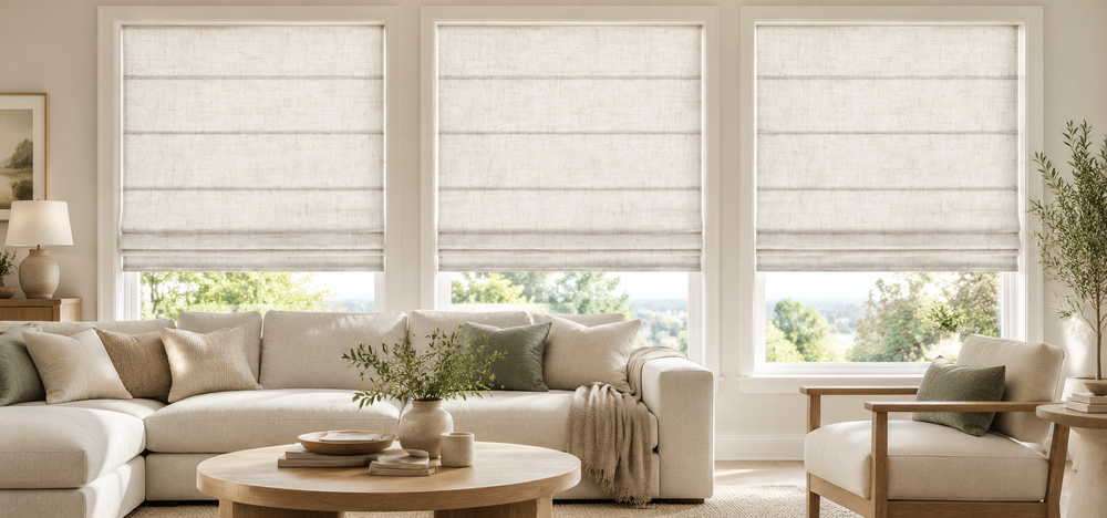 Roman shades in a bright and cozy living room