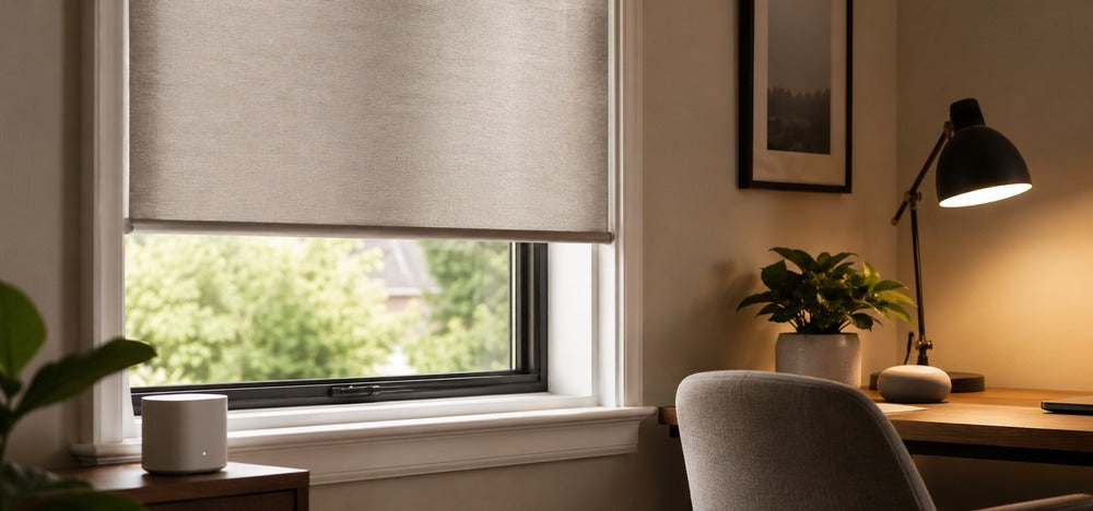 Cozy home office corner with motorized smart blinds, a local smart home hub, and warm desk lighting for Home Assistant control.