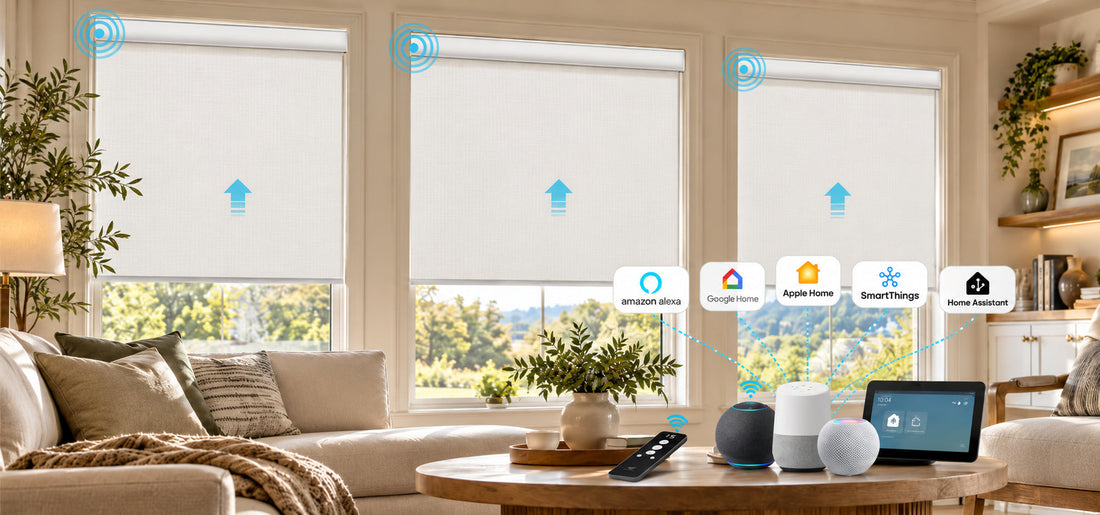 Smart blinds in a smart home living room