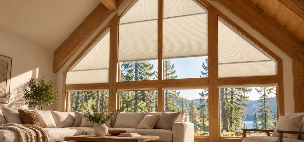 Motorized trapezoid cellular shades for high windows