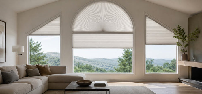 Modern living room with arched and angled specialty windows fitted with custom pleated shades, overlooking a natural landscape.