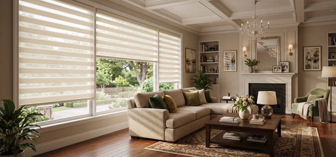 Motorized Zebra Shades in a bright and warm Living Room