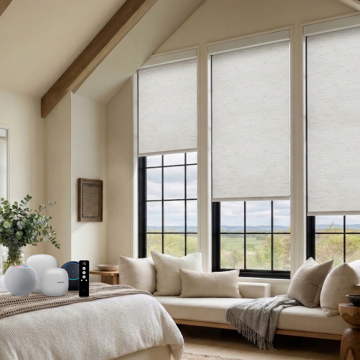 SmartWings motorized roller shades in a bright bedroom